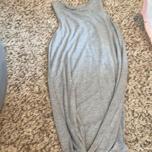 Grey shoulder less dress.